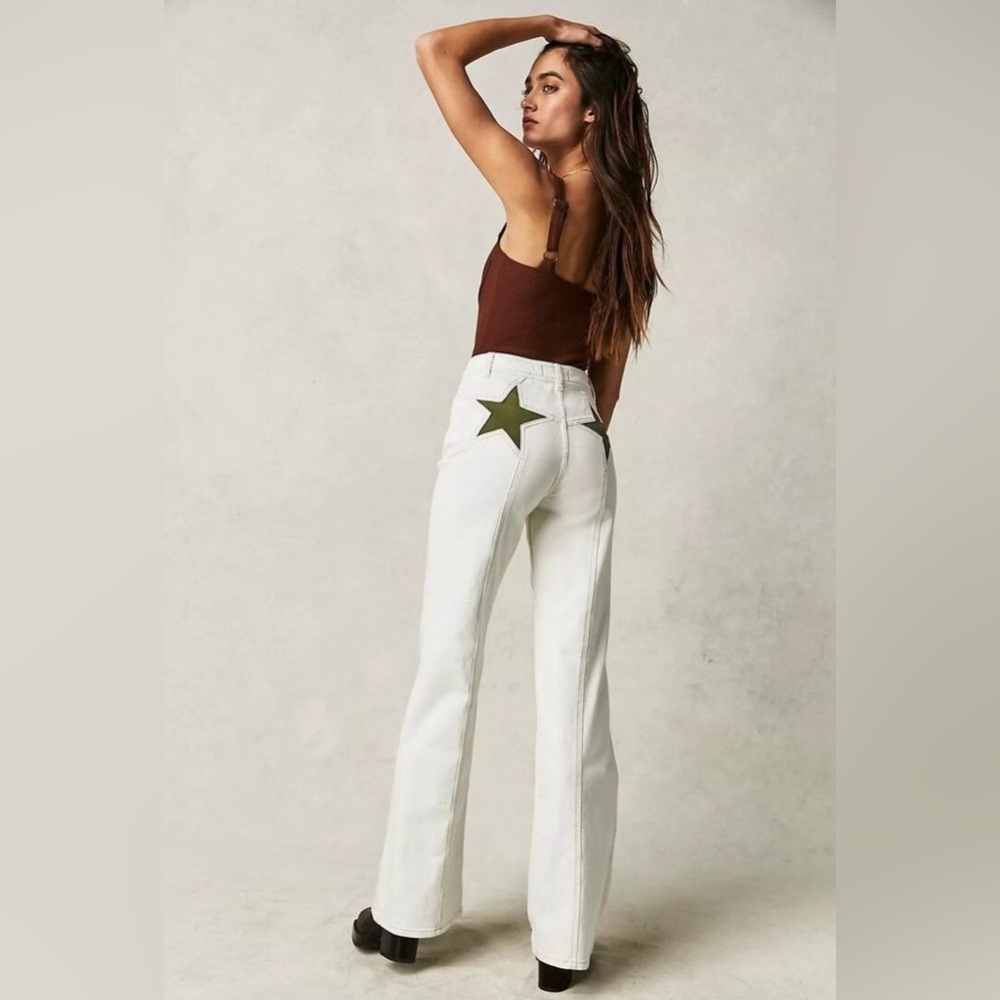 Free People We The Free Firecracker Flare Jeans Natural/Green Star NWT Size 27